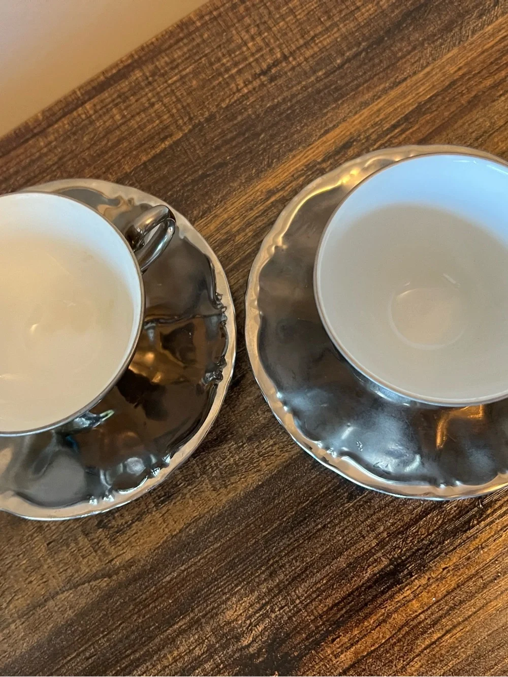 J. Kronester Bavaria Porcelain Silver White Germany 2 demitasse cups saucers